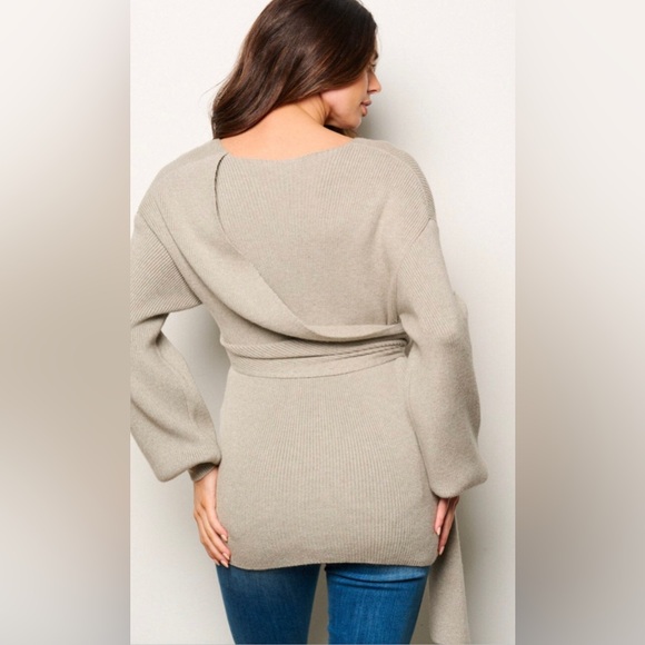 WOMEN'S LONG SLEEVE SELF TIE WRAP RIBBED BLOUSE GRAY TOP - Picture 3 of 3